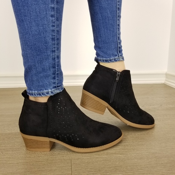 Shoes - Black Suede Ankle Boots Laser cut Design